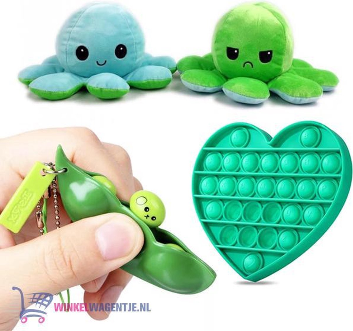 Pop It Fidget Toy Hart (Glow In The Dark) + Bean Popper + Octopus Mood Knuffel (Blauw/Groen) | pop it fidget toy goedkoop, fidget toy, fidget toys pakket, fidget toys pop it, fidget toys stressbal, speelgoed voor kinderen, TikTok